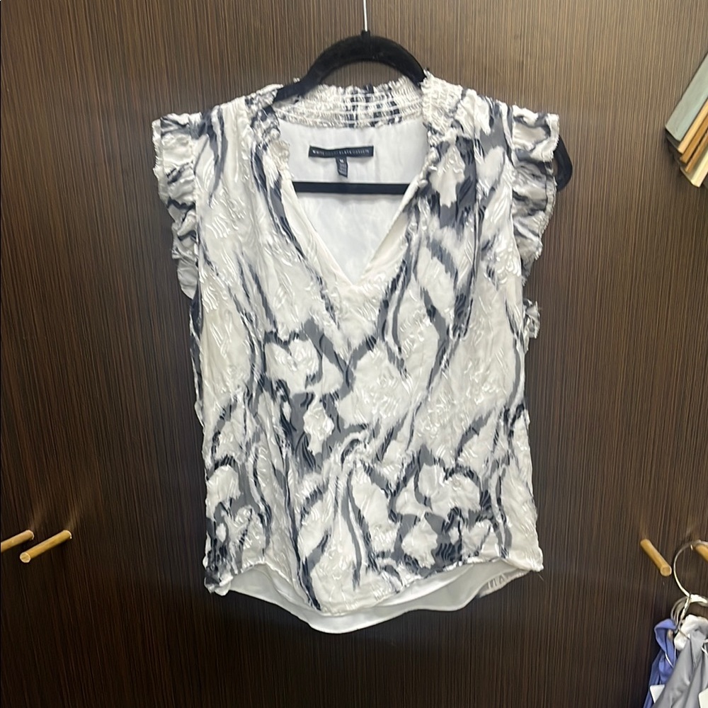 White House Black Market Ruffled Gray and White Blouse